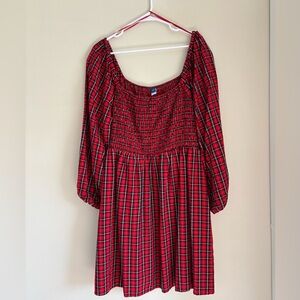 Red Plaid Smocked Neckline Dress